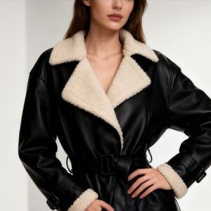 Women's Black and Cream Faux Leather And Sherpa Jacket